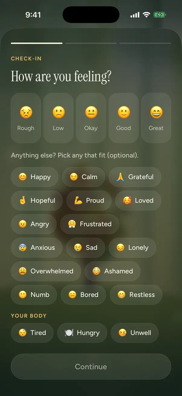 The check-in: How are you feeling? with five faces and optional feelings
