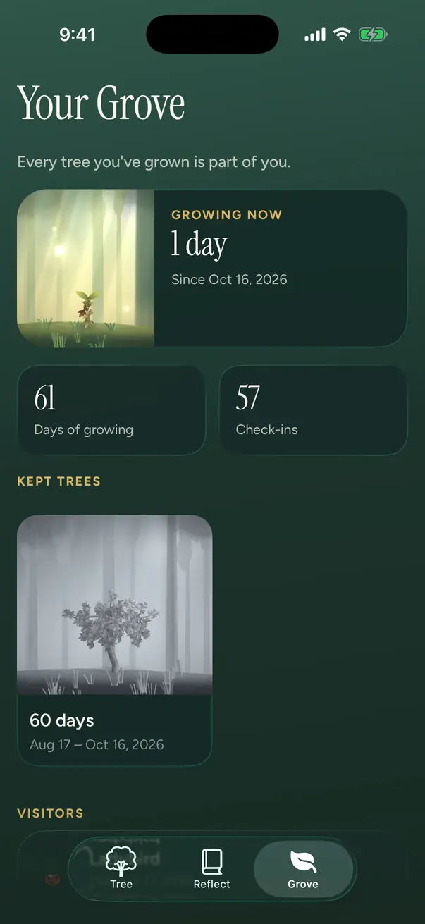 The Grove: the tree growing now, and a kept tree resting in grey, never lost